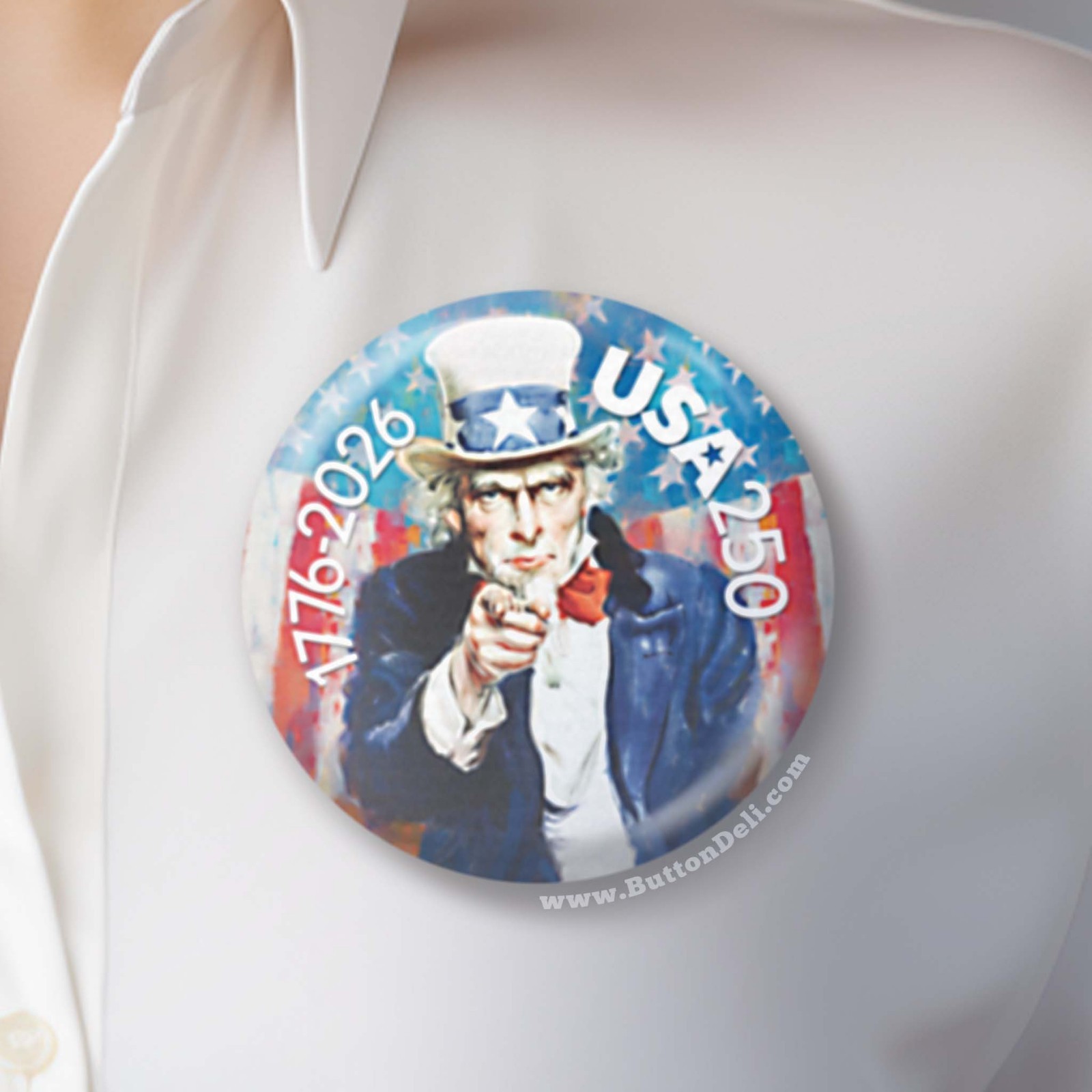 USA 250 – Colorful 4PK Buttons: Uncle Sam Eagle Capital Liberty 1776-2026 250th