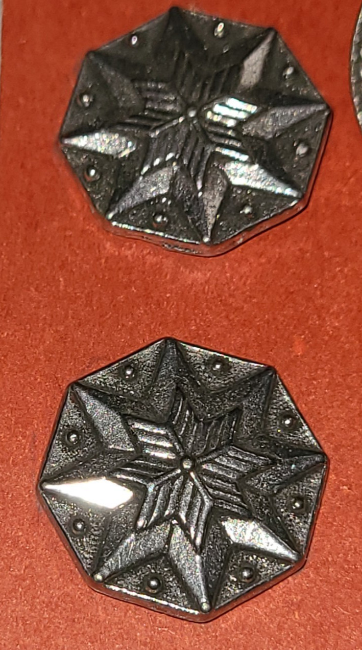 NOS lot of 20 pewter shank buttons, Norway – Snowflakes, Stars, Suns