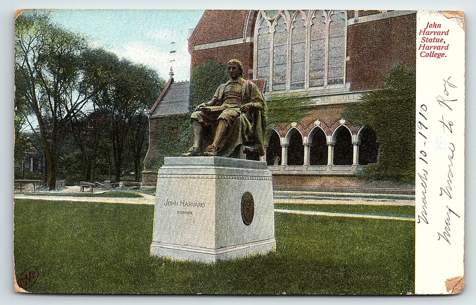 1910 BOSTON MASS JOHN HARVARD STATUE HARVARD COLLEGE ROBBINS BROS POSTCARD P3552