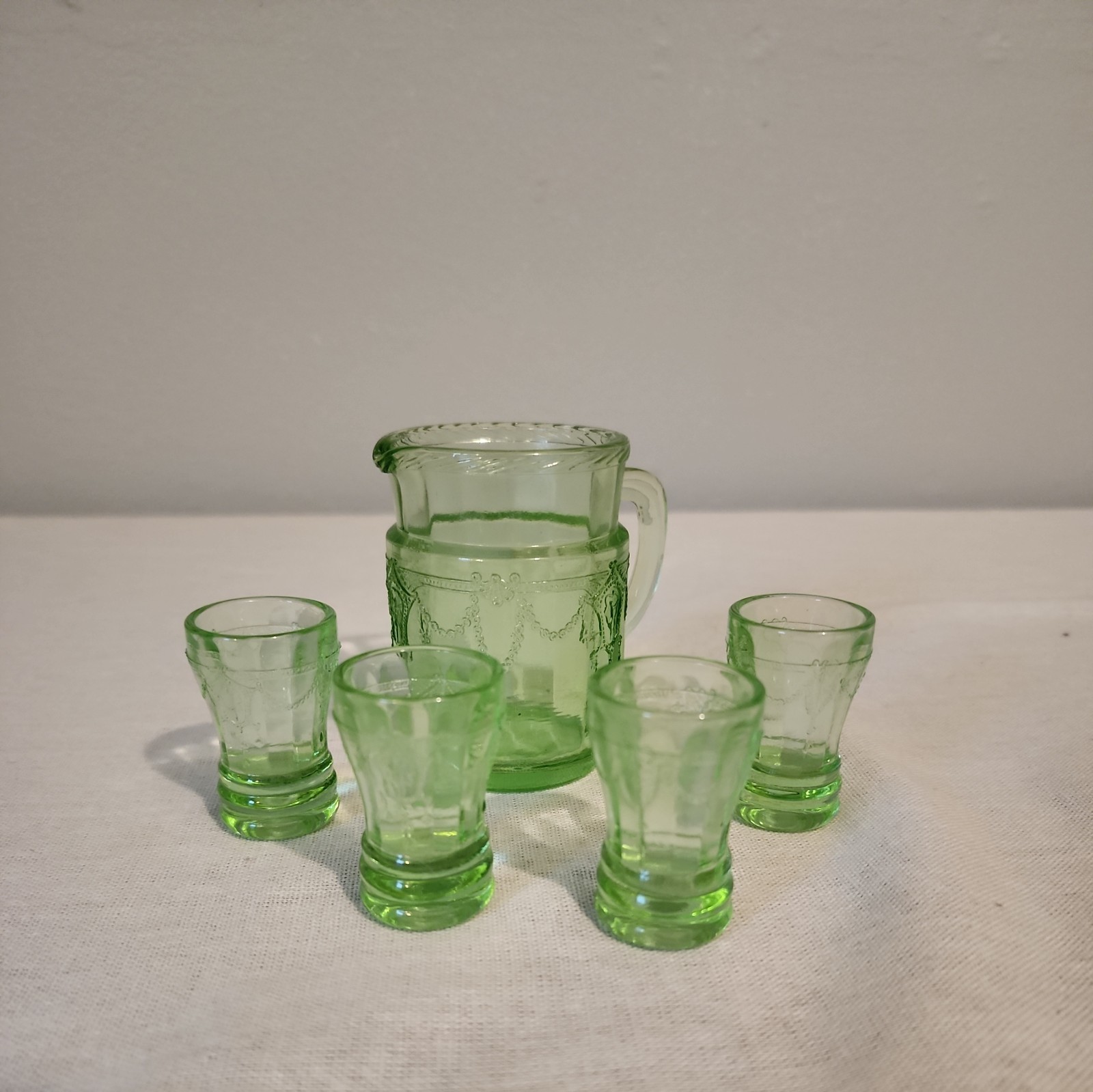 Antique Cameo Ballerina Miniature Dollhouse Depression Glass Pitcher Glass Set