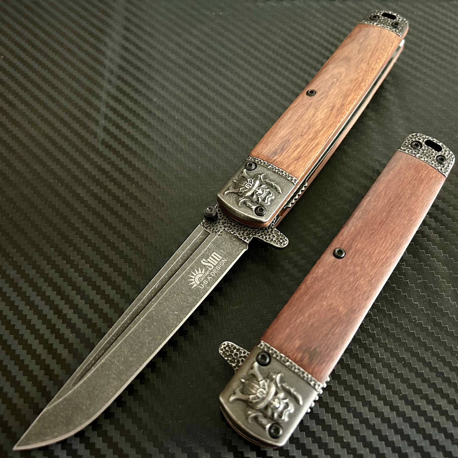9” Wood Monster Knight Katana EDC Spring Assisted Blade Folding Pocket Knife