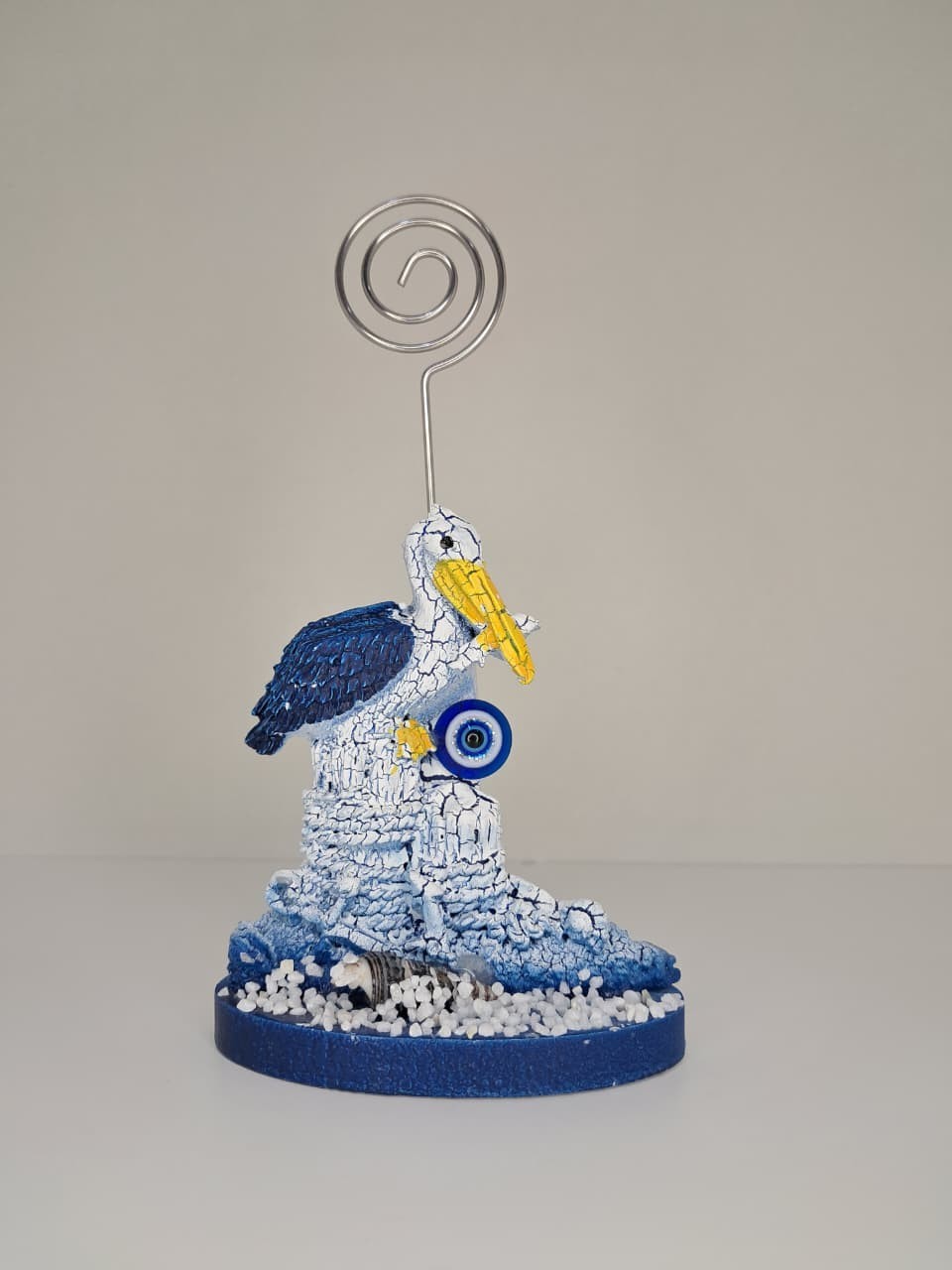 HANDCRAFTED PLASTER PELICAN PHOTO HOLDER STAND WITH BLUE EVIL EYE NAZAR DECOR