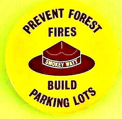 PREVENT FOREST FIRES – BUILD PARKING LOTS 1981 James Watt Protest pinback button