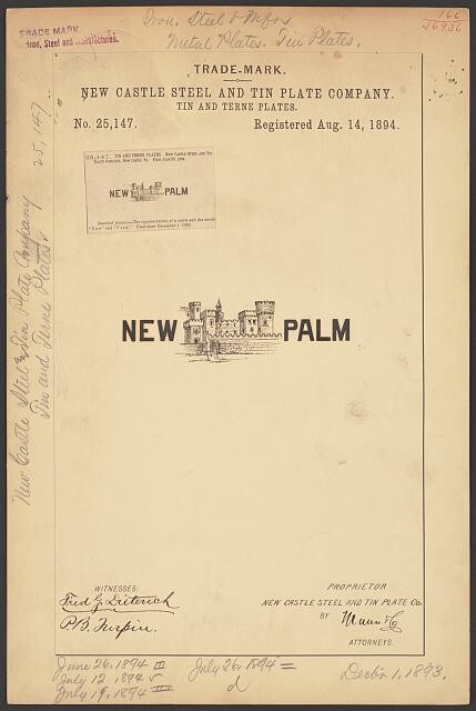 Photo:New Castle Steel Tin Plate Co New Palm Trademark 1894 Registration