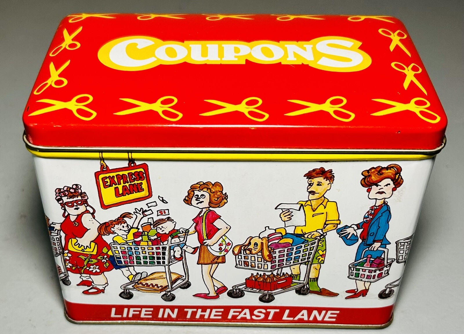 Vintage Tin Metal COUPON Storage Box “Life in the fast lane” 5.5” x 4” VG Cond.
