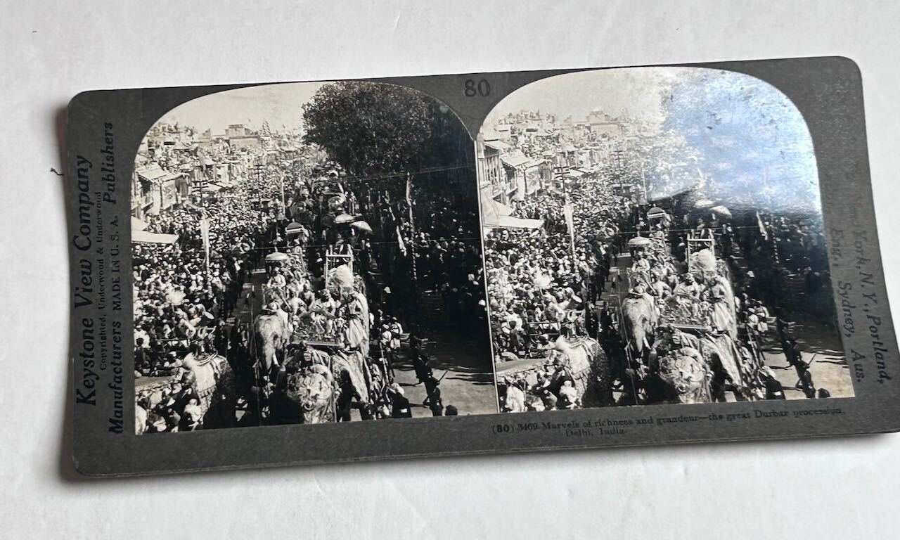 Stereoview Photo Great Durbar Procession Delhi India Elephants Keystone