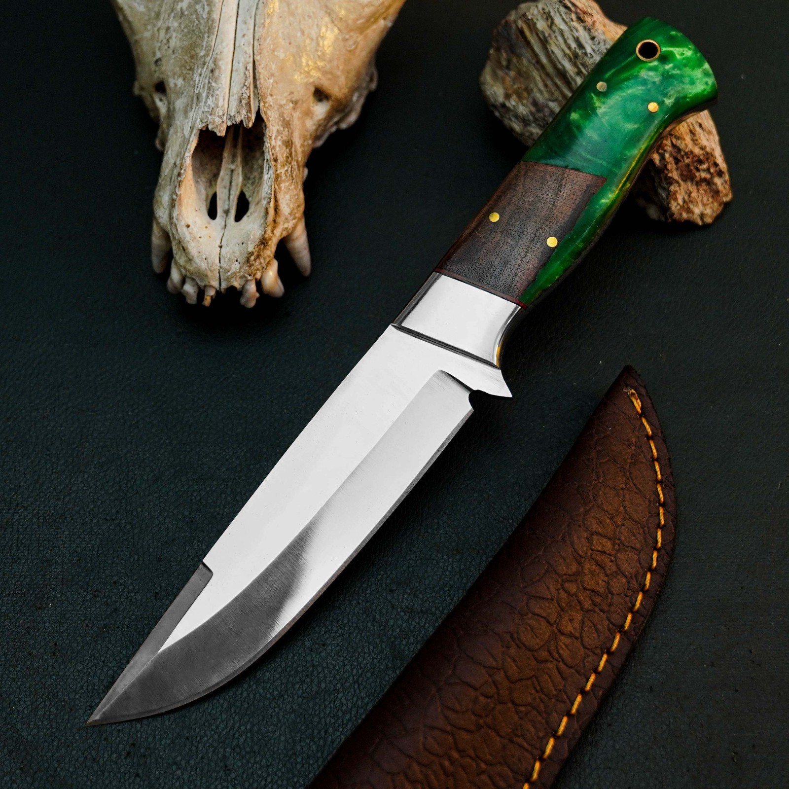 9.4″ D2 Skinning Hunting Knife Handmade Full Tang Resin Handle Leather Sheath