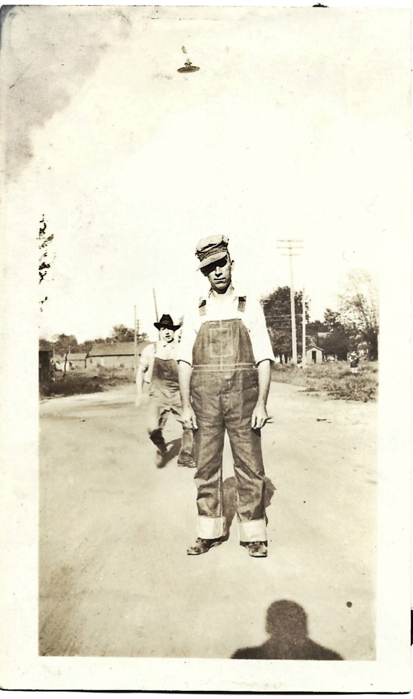 Bluejean Overalls Engineer Cap Running Man Photobombs Funny Vintage Photo Shadow