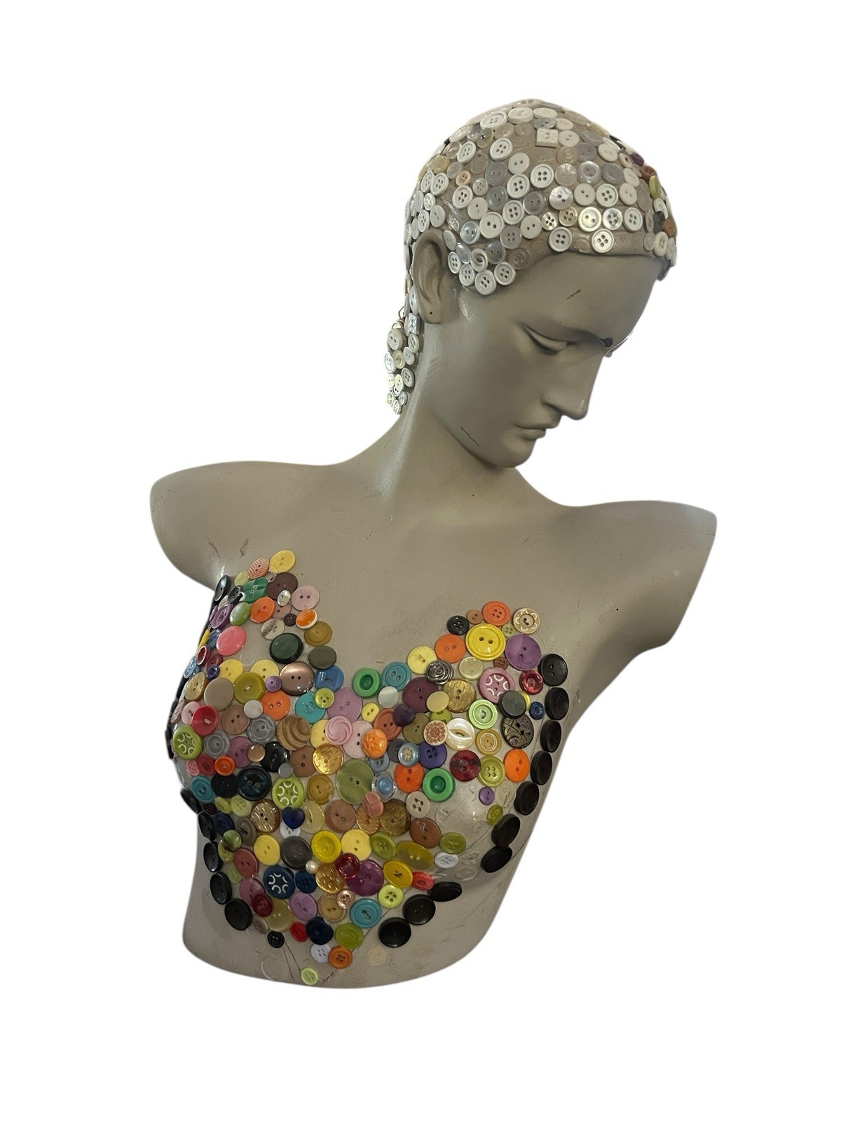 Unfinished Button Mosaic Bust Sculpture-DYI Mixed Media Art Project-Large 21’’