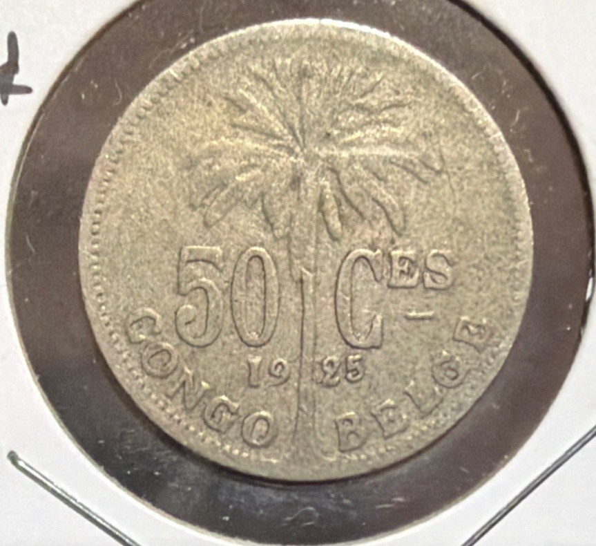 1925 Belgian Congo 50 Centimes Copper Nickel Coin-24MM-CONGO BELGE-KN#22