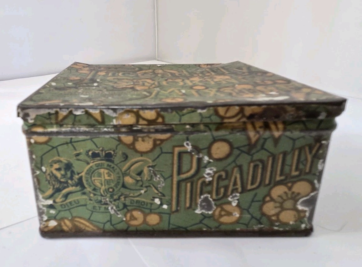 1910s Piccadilly Tobacco Tin Hinged Floral Litho tin AMERICAN Mixture Empty