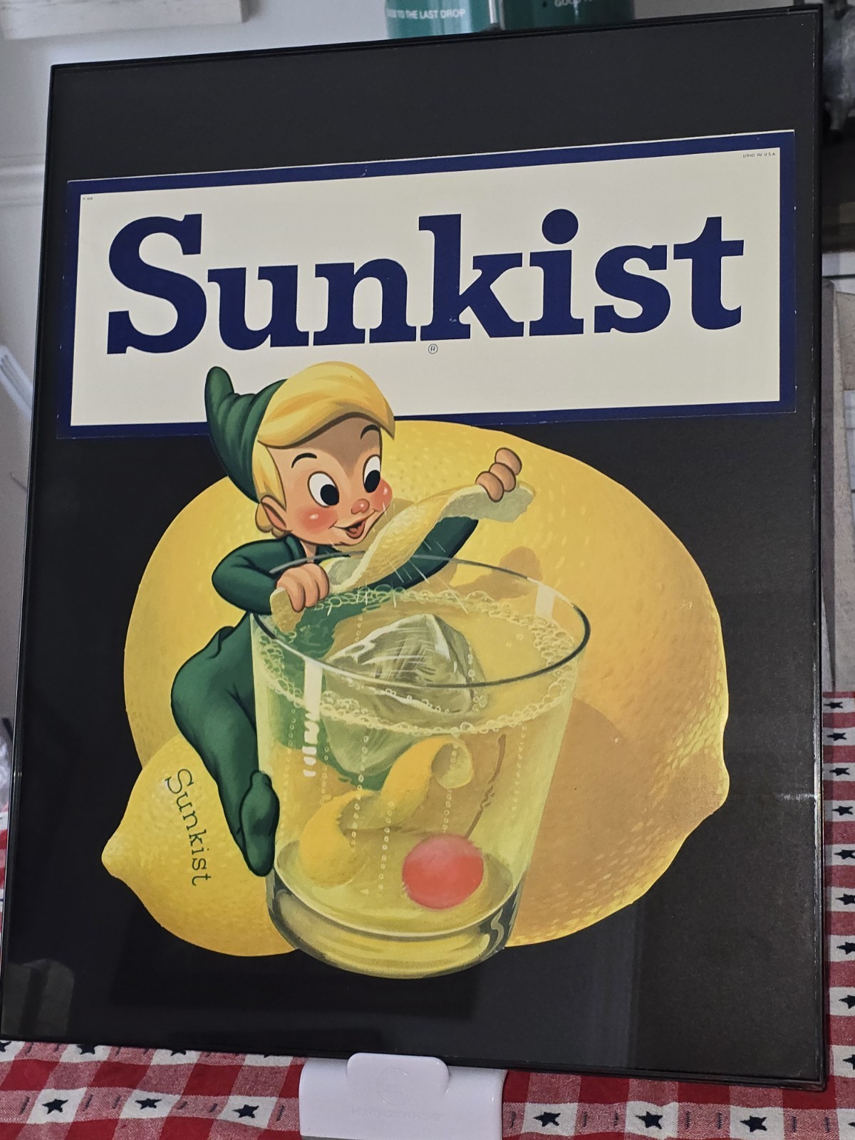 1960’s DISNEY Sunkist Elf Lemon Advertising Sign 20 x 16″ Framed – New Old Stock