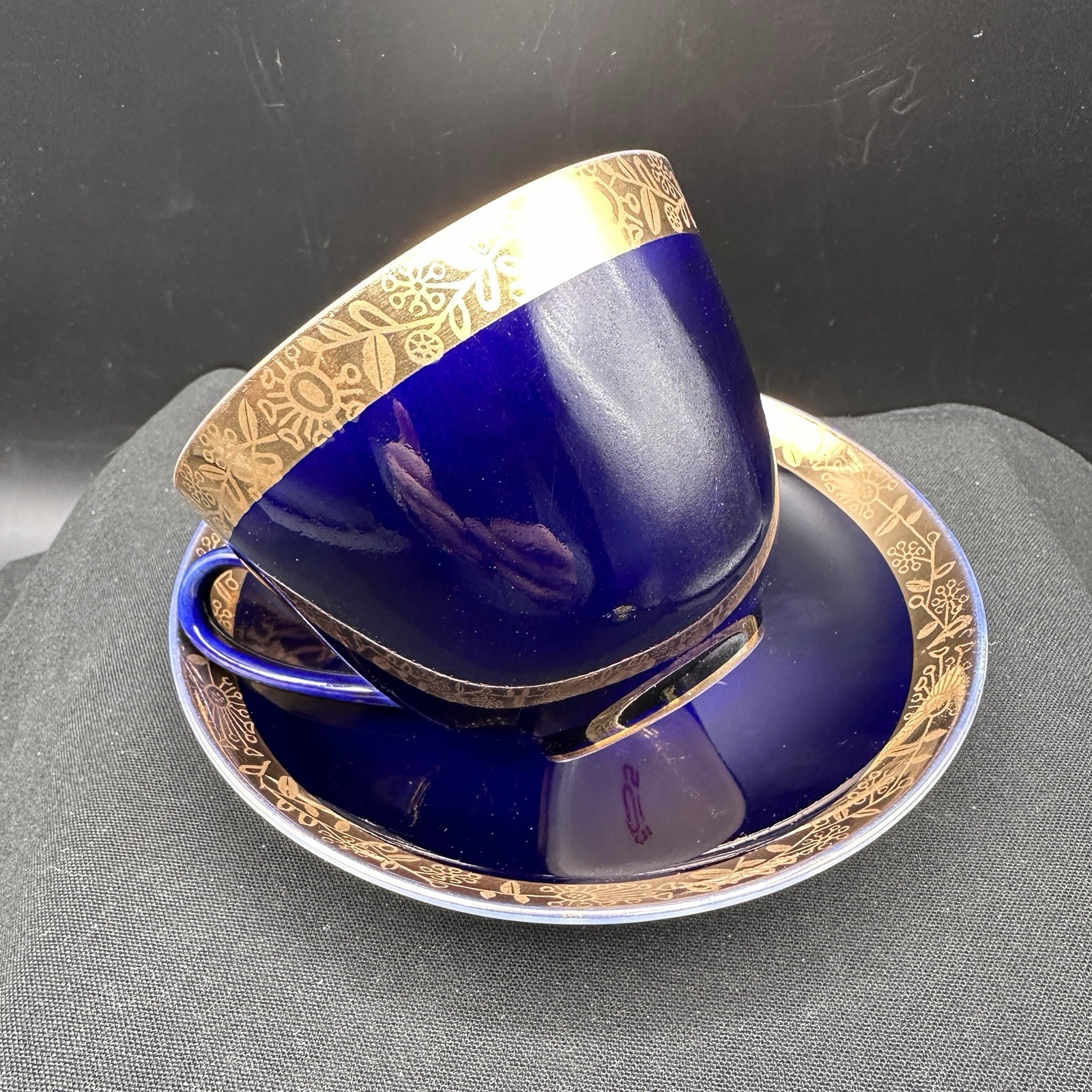 Vtg Lomonosov LFZ Russian USSR Cobalt Blue Gold Gilt Tea Cup Saucer Porcelain