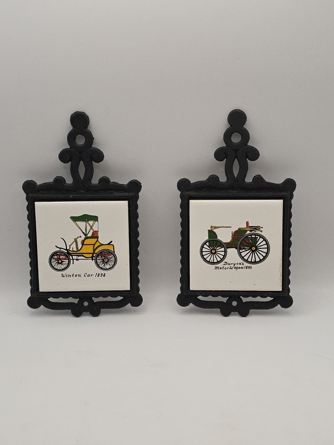 Vintage Made In Japan Set of 2 Cast Iron Tile Antique Cars Wall Hanging Trivets
