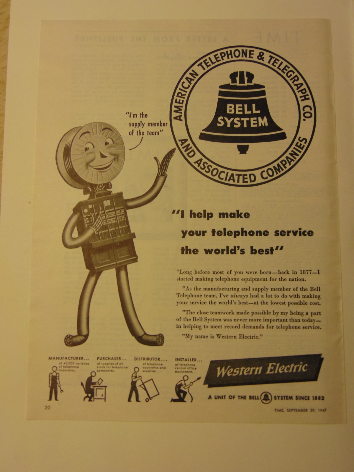 1947~ AT & T ~BELL SYSTEM~ WESTERN ELECTRIC ~ magazine print ad