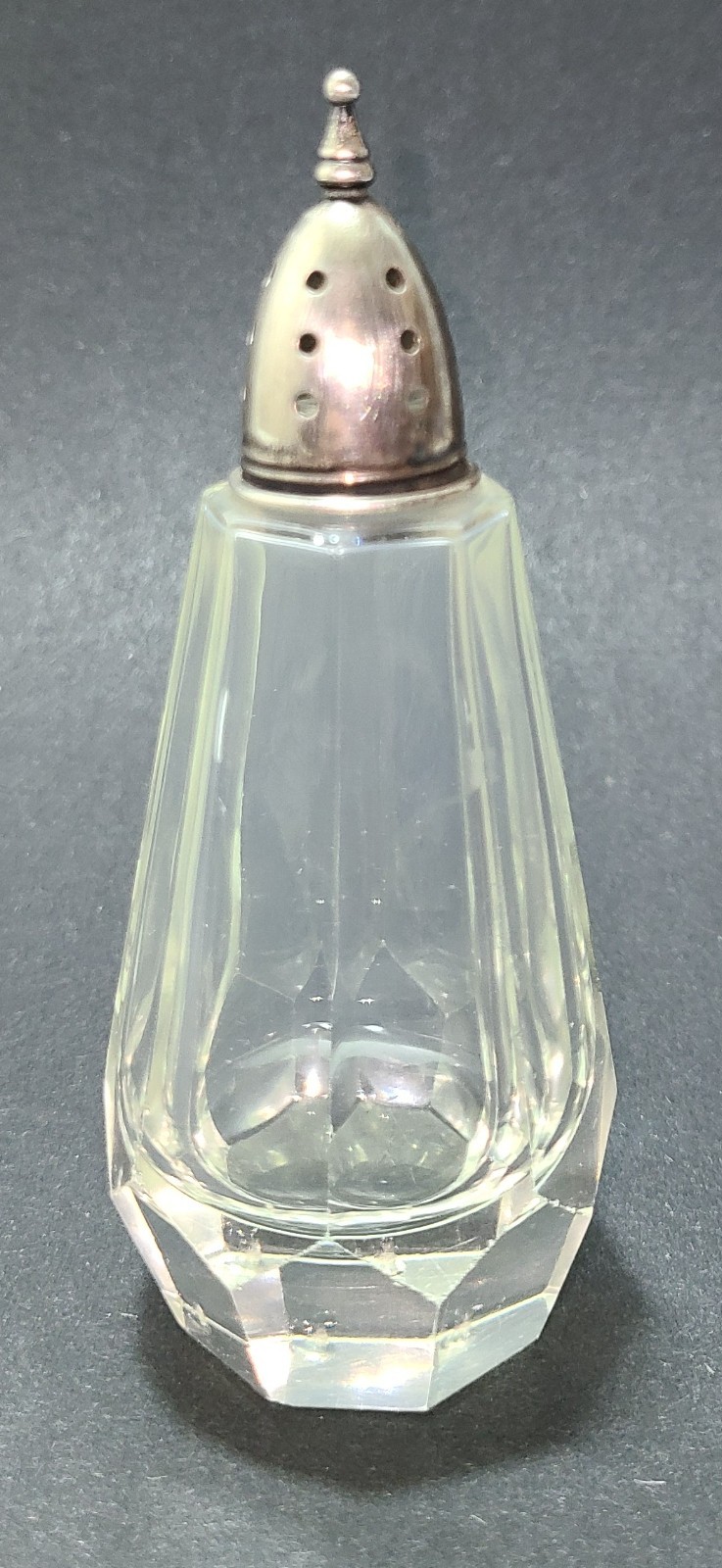 Vintage Clear Tower Paneled Faceted Glass Salt or Pepper Shaker Silverplate Lid
