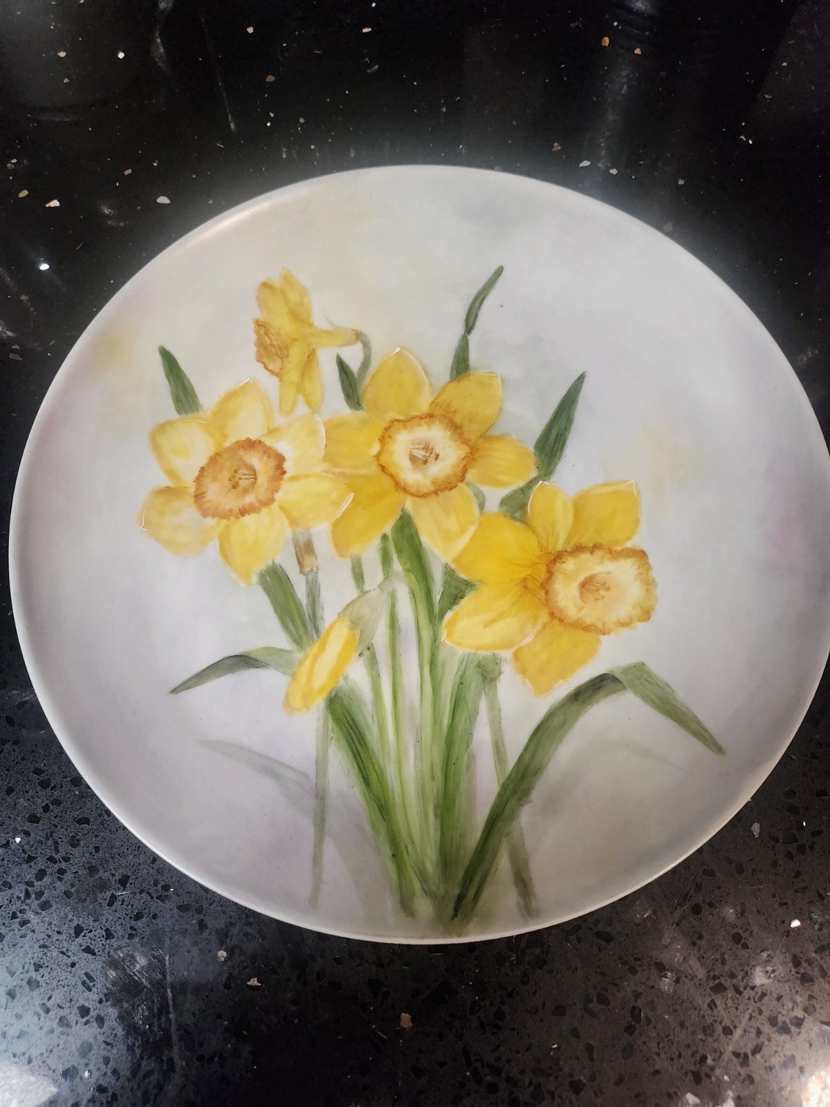 Hand Painted Daffodils Plate One of A Kind Yellow Green Flowers