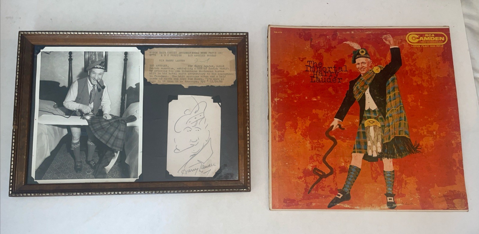 Vintage Harry Lauder Signed Sketch & Memorabilia