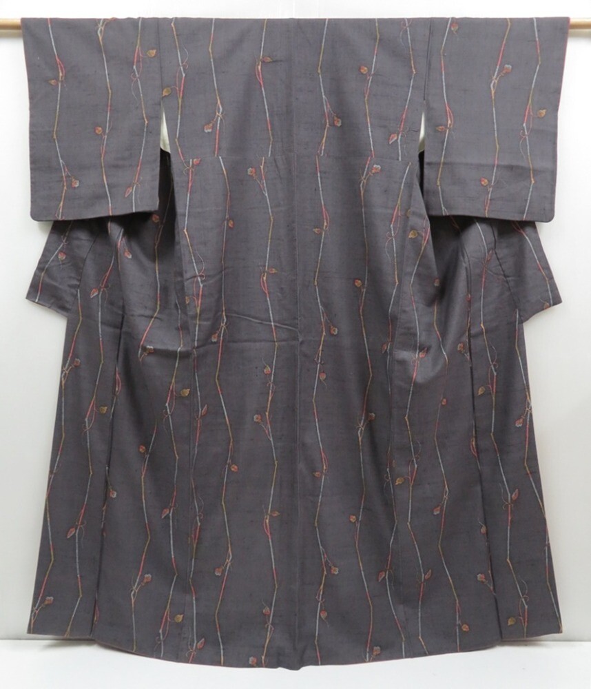 4607T13z1000 Vintage Japanese Kimono Silk TSUMUGI Branch Dark gray