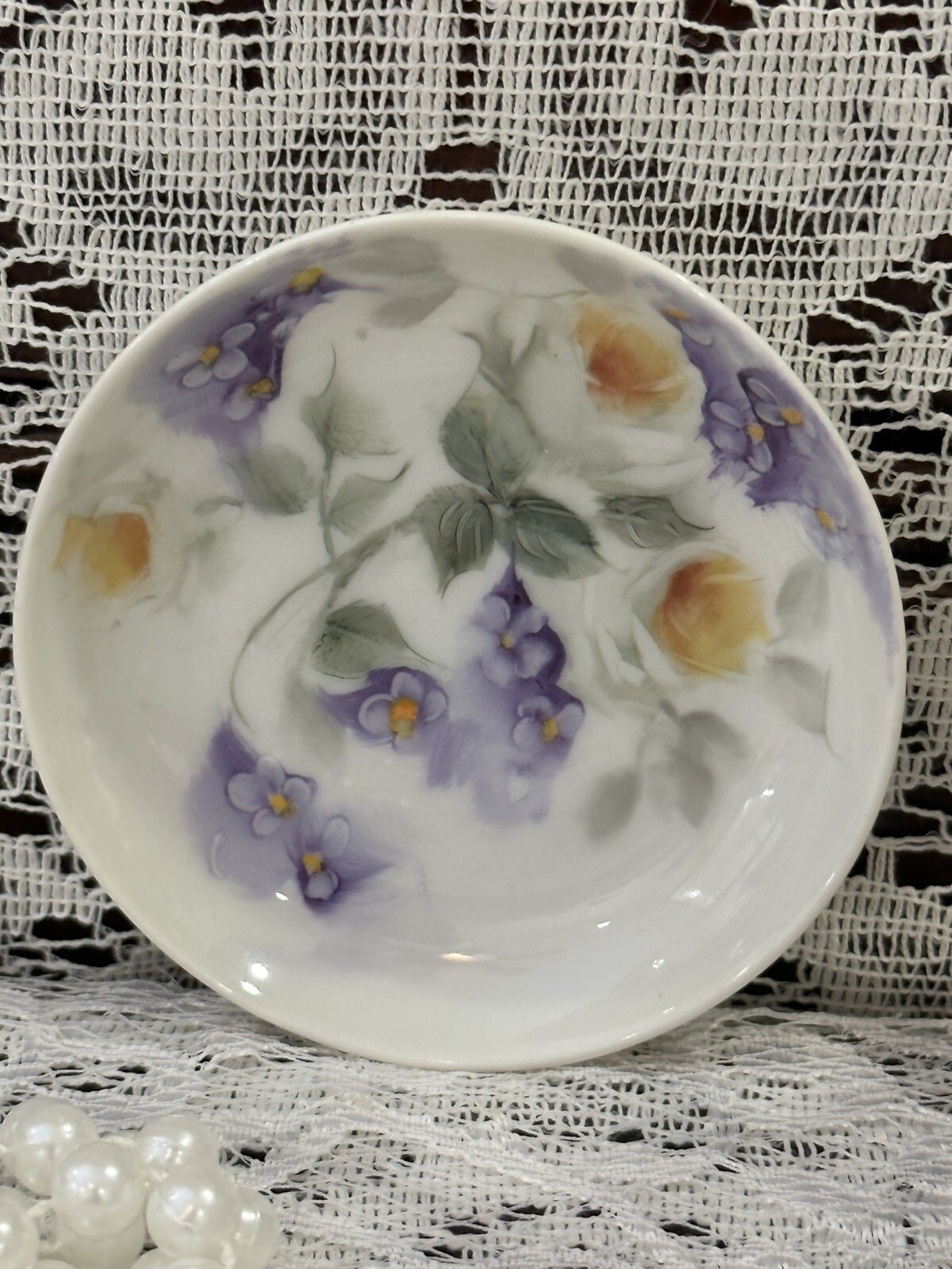 Handpainted Porcelain 3 1/4 Inch Germany Ring Trinket Dish White Roses Violets