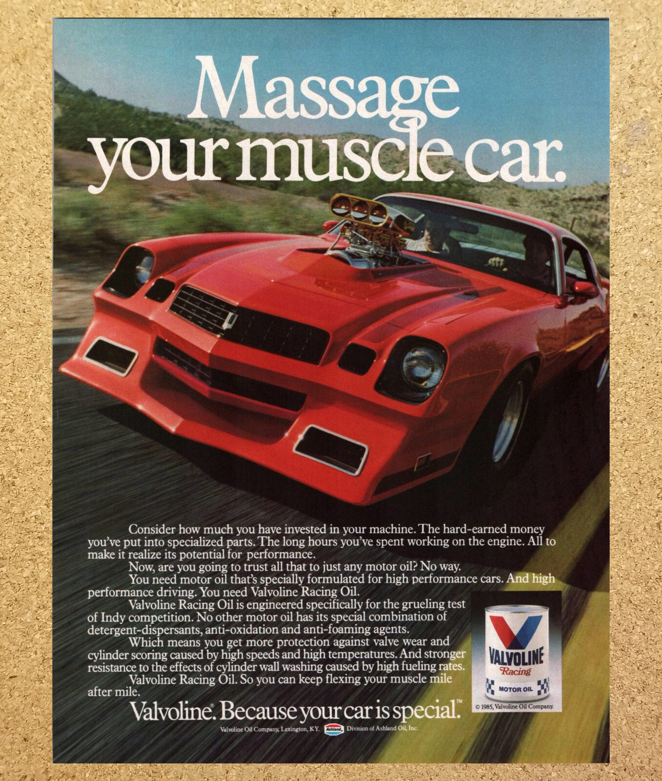 Valvoline Chevrolet Camaro Massage Muscle Car – Vtg Print Ad Ephemera Art 1985