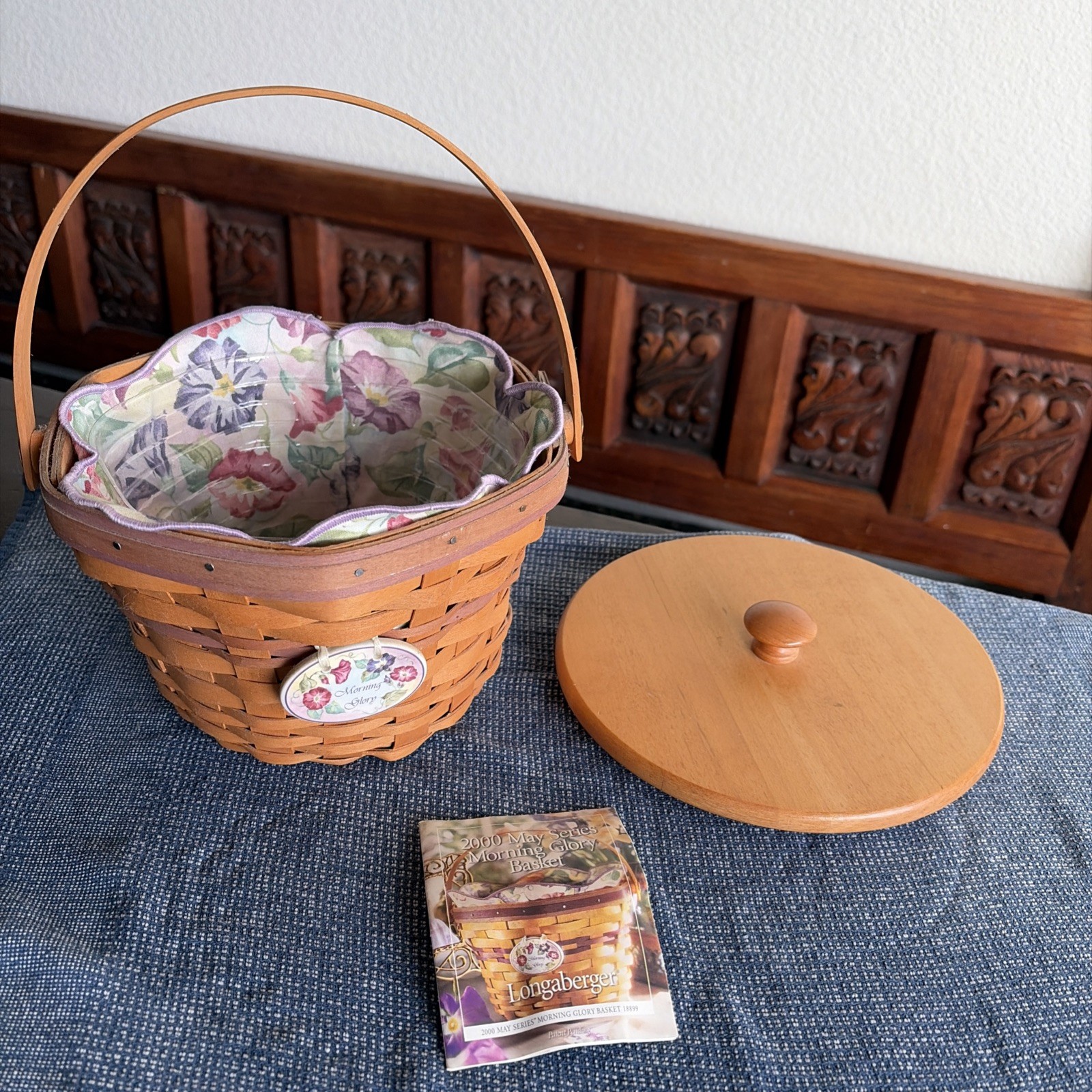 Longaberger May Series Morning Glory Basket 2000, Liner, Protector, Tie-on, Lid