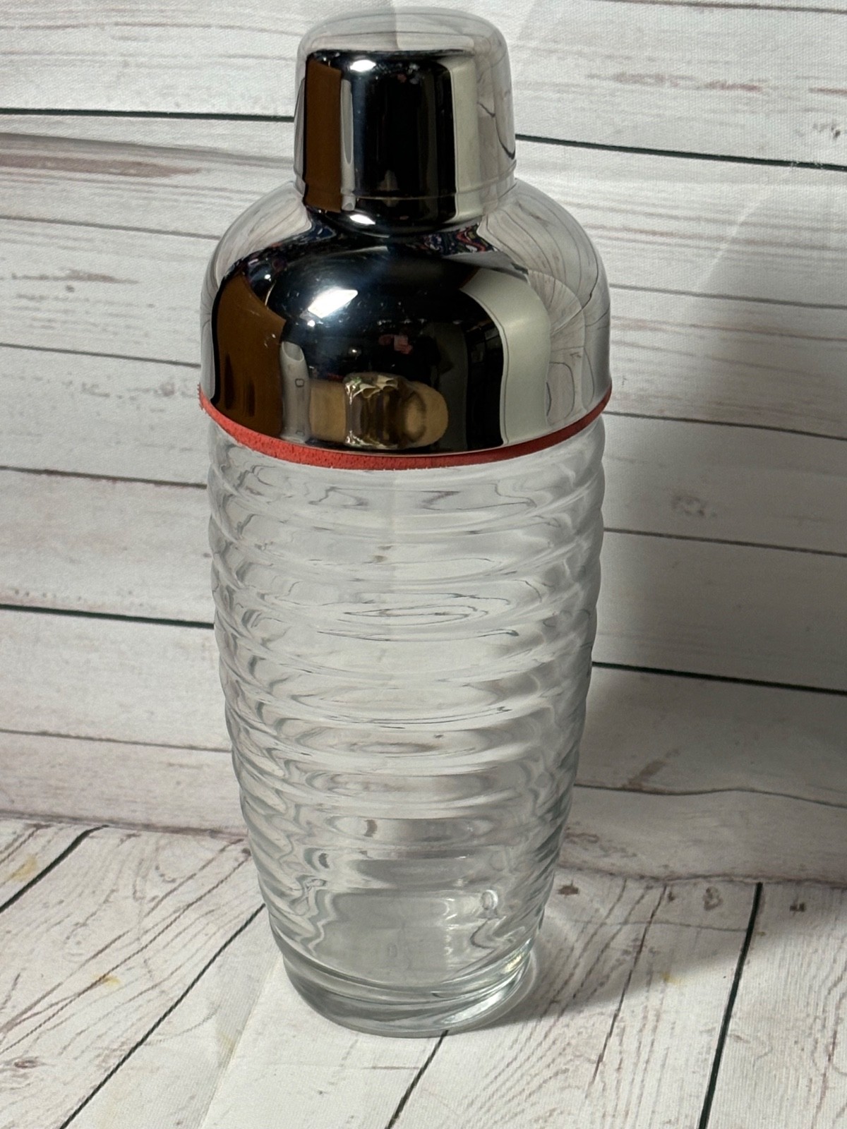 Vintage MCM Anchor Hocking 8.5” Beehive Cocktail Shaker Clear Ribbed Glass & Lid