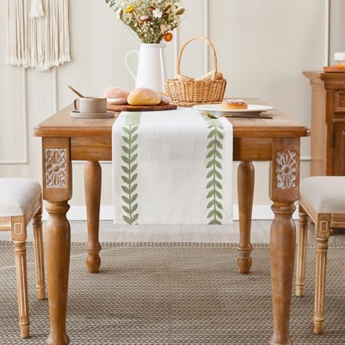 Embroidered Table Runner Irregular Willow 14×48 Inch Light Sage Green/Cream