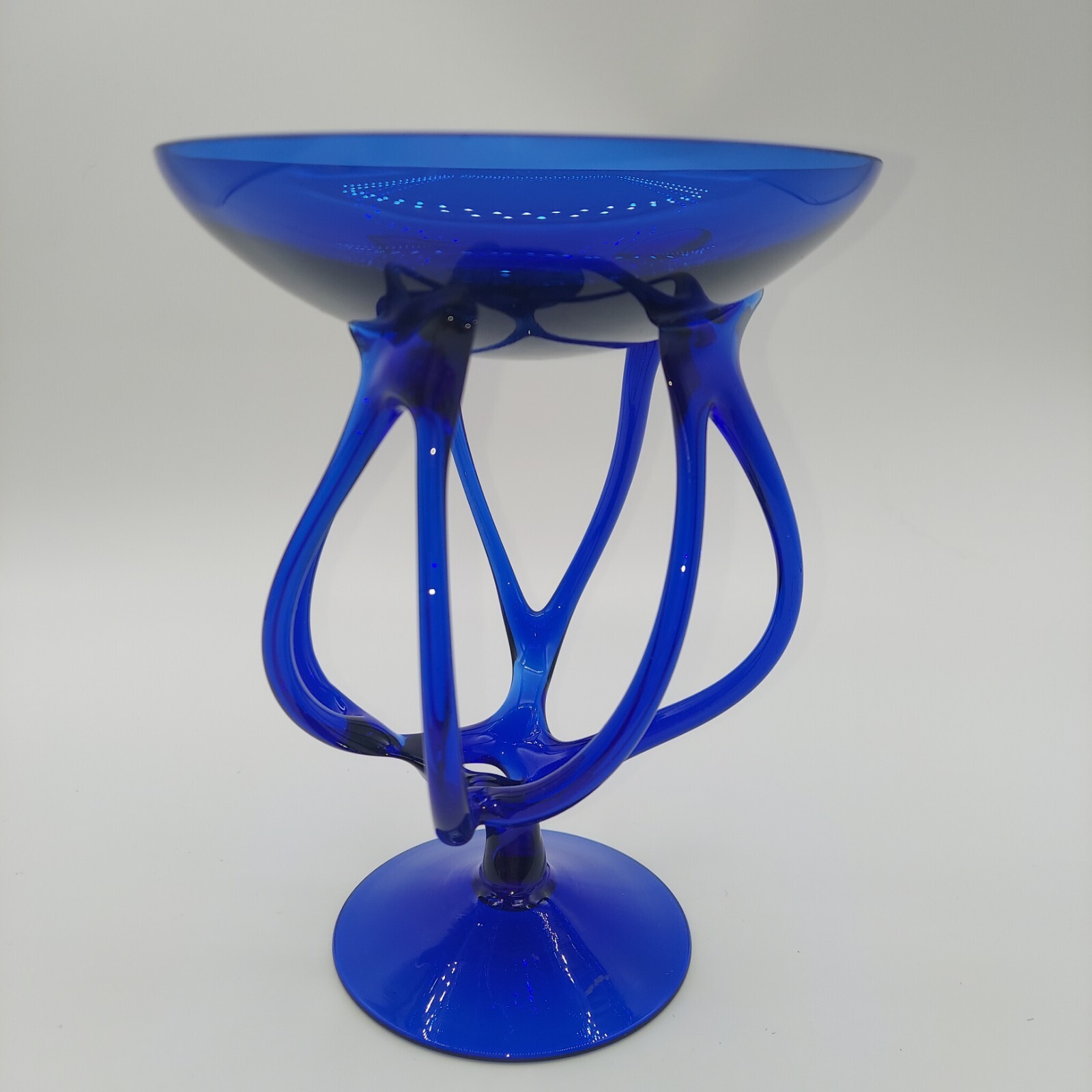 Handblown Blue 7″ Glass Pedestal Compote Bowl dish candle holder Jellyfish