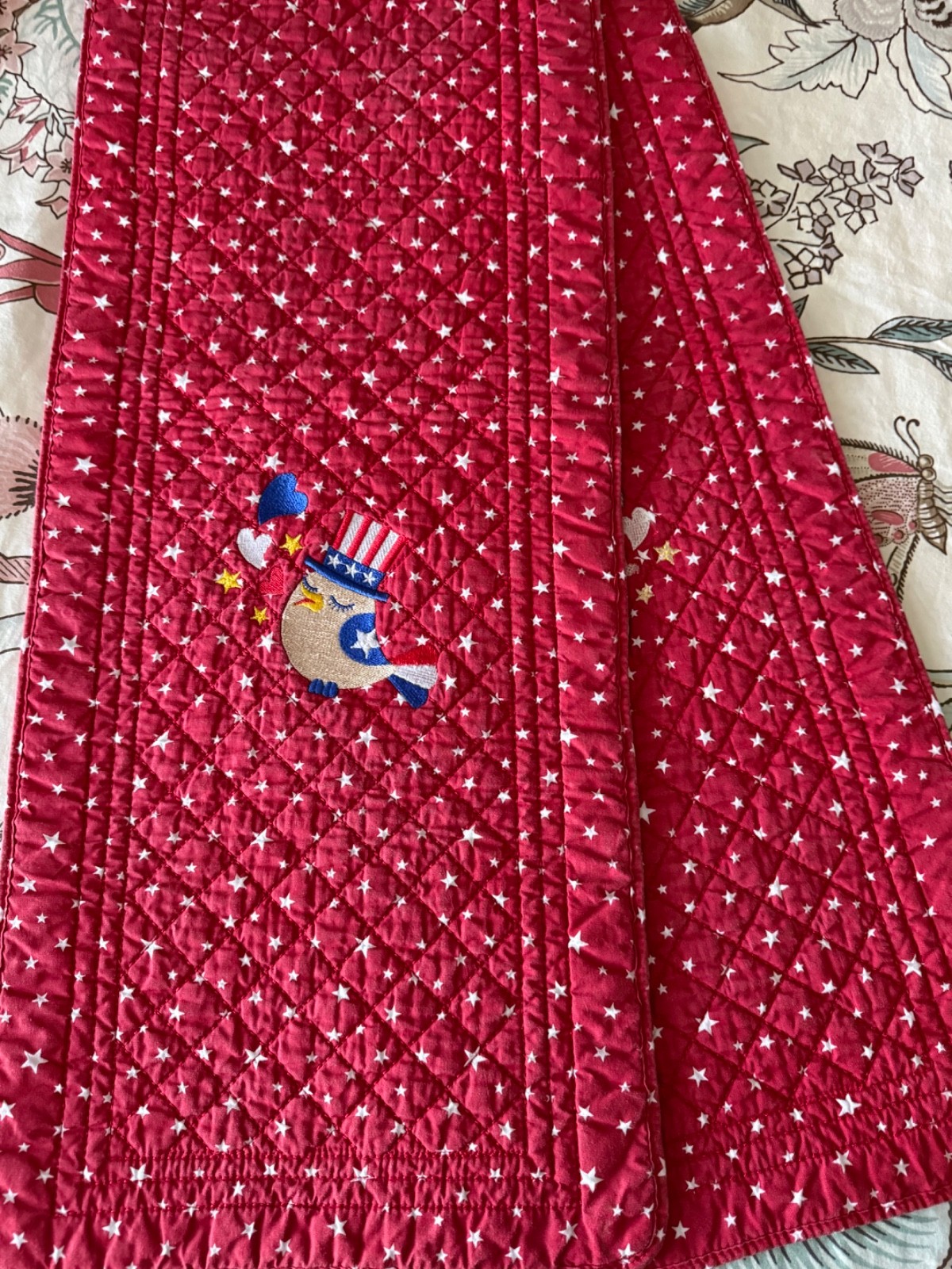 4th of July American Folk Art Patriotic Stars Table Runner Blue Bird Embroidery