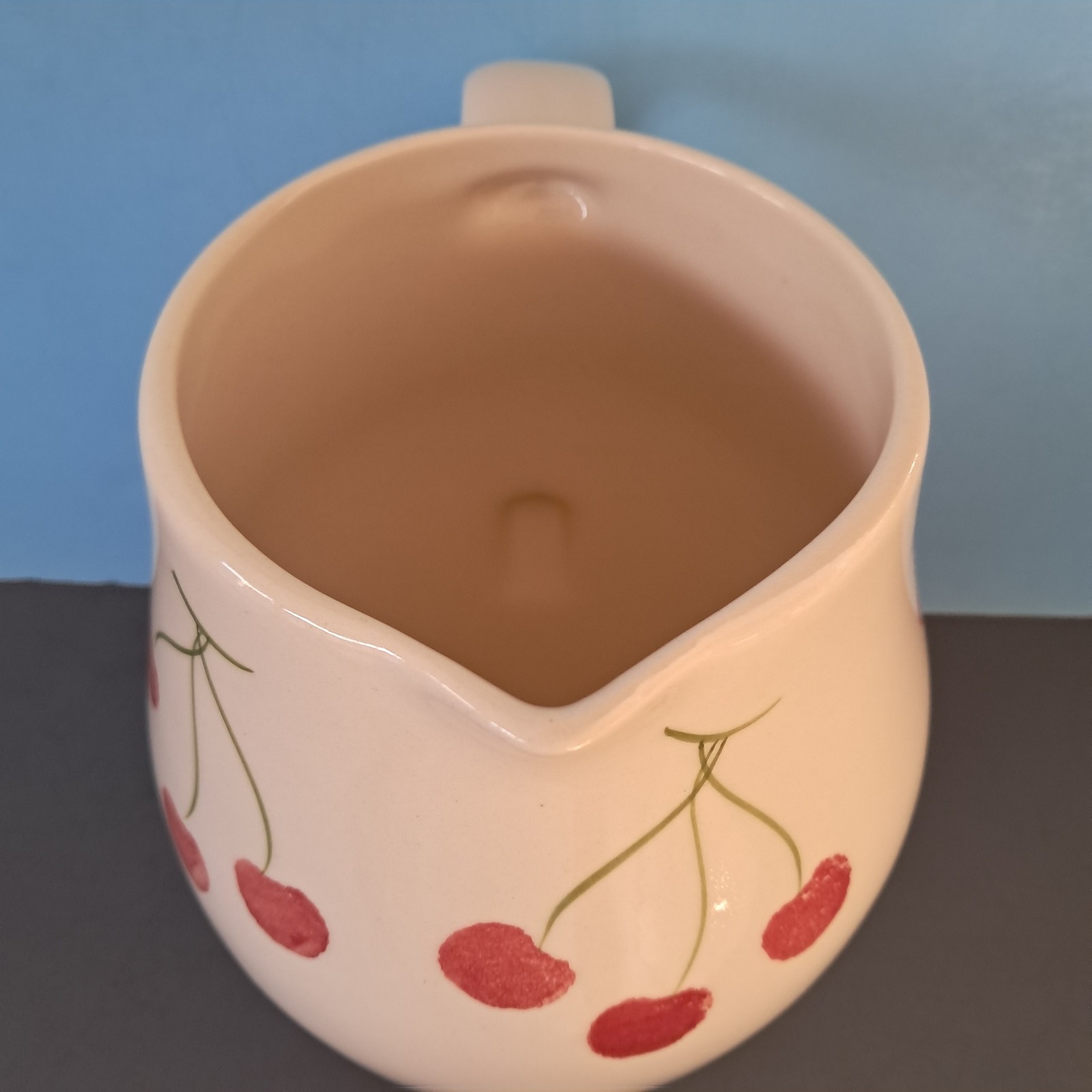 Barbara Eigen Signed Pitcher w/Cherry Motif from Portugal 8 3/8″ Tall *PRISTINE*