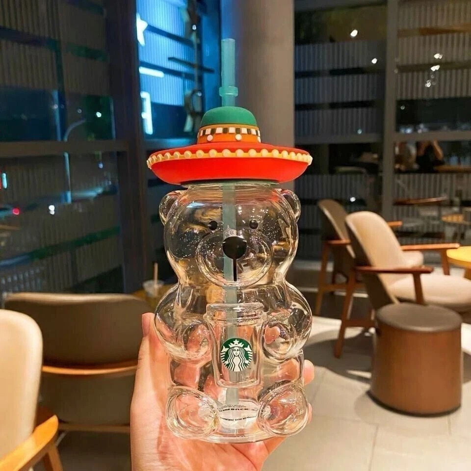 New Retro-style Starbucks Lami Bear Straw Glass Cup Water Cup 500ml Tumbler