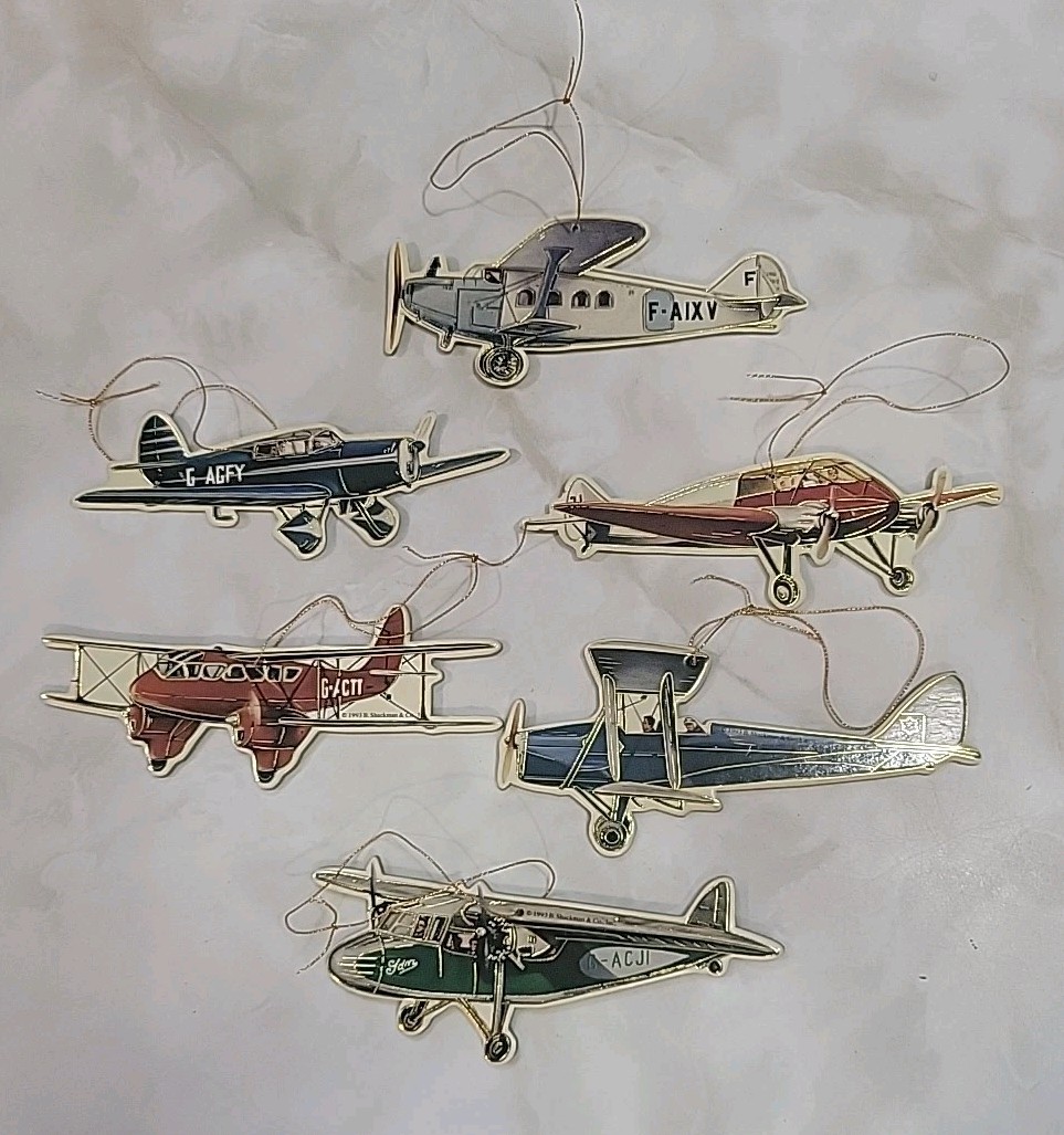Shackman Airplane Ornaments Set 6 Heavy Cardstock/Die Cut Gold Cord Vintage 1993