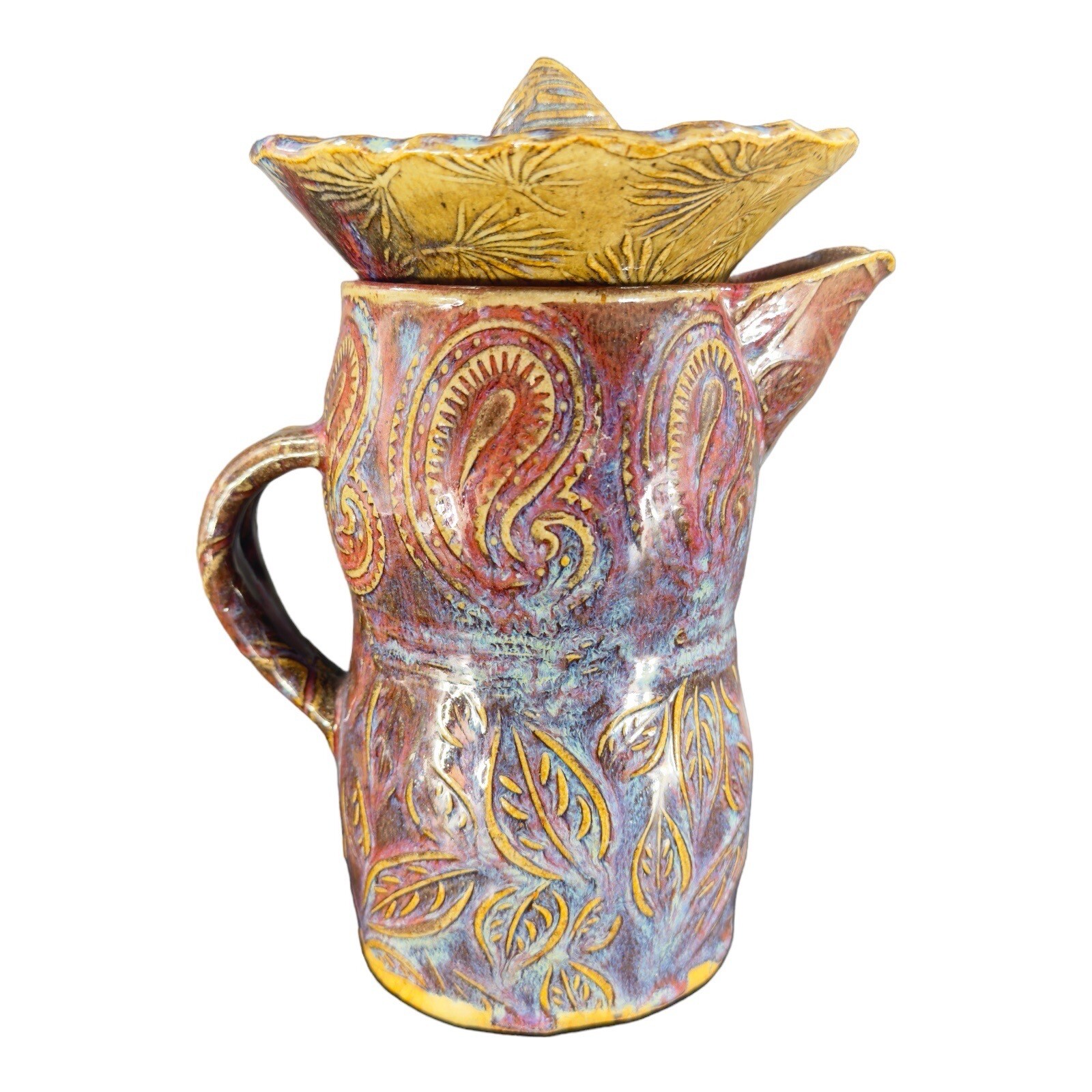Hand Made Primitive Studio Art Pottery Pitcher With Juice Rimmer Stackable VTG