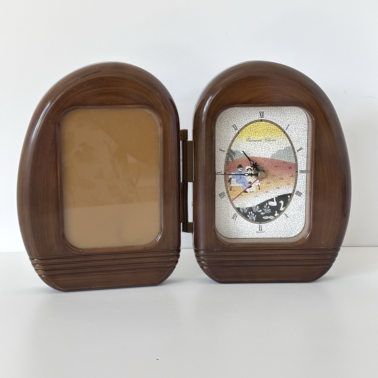 Vtg European Classic Folding Quartz Clock Photo Frame Faux Wood Couple Scene