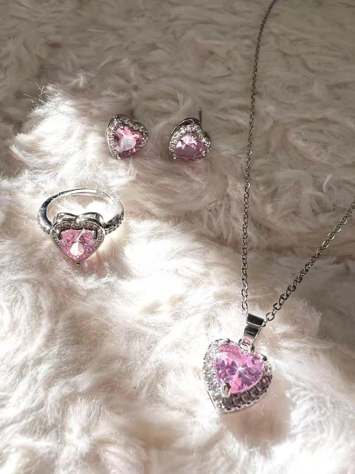Heart Pink Sapphire & Diamond 14K White Gold Over Necklace, Earrings & Ring Sets