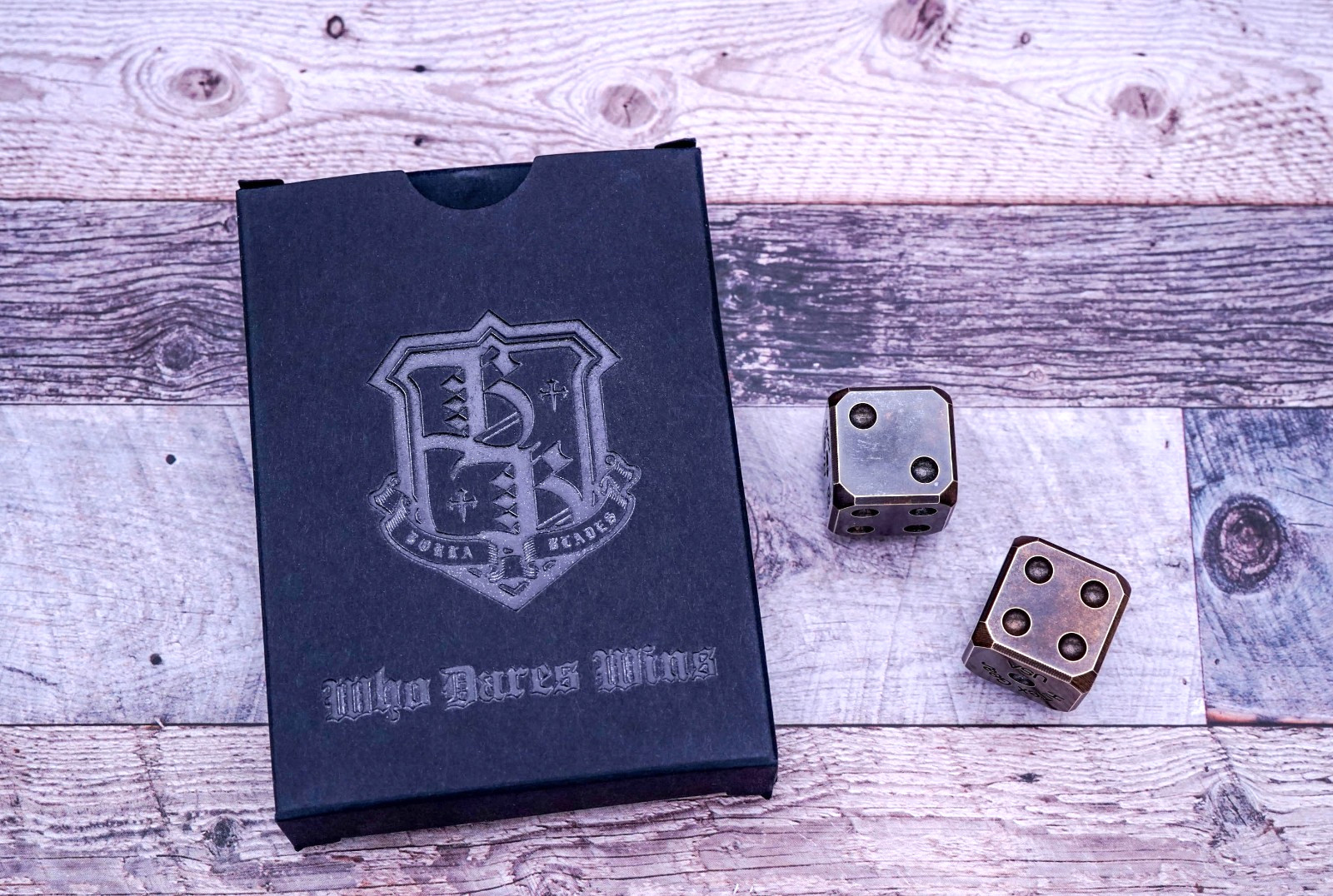 HiTex Gear/Borka Blades Collaboration Brass Dice Set, Patina’d Brass Dice