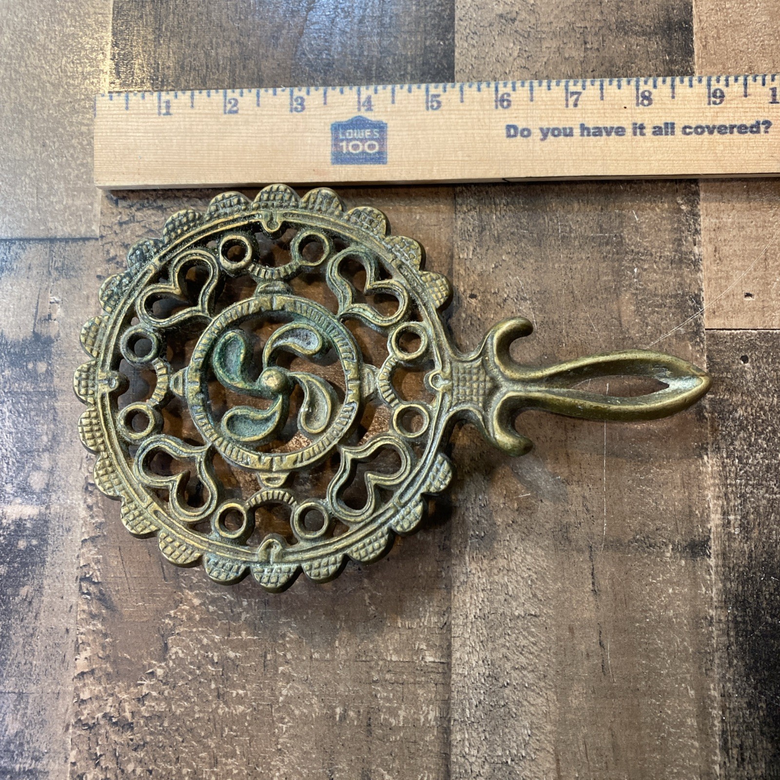 Vintage MCM Solid Brass Trivet Tulip Propeller Heart Design Footed Gold Tone