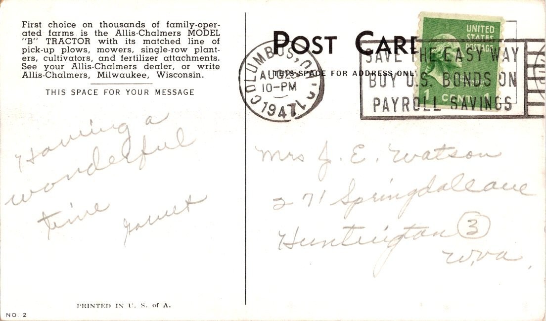 1941 Allis-Chalmers Model B Tractor Advertising Postcard Columbus OH Posted
