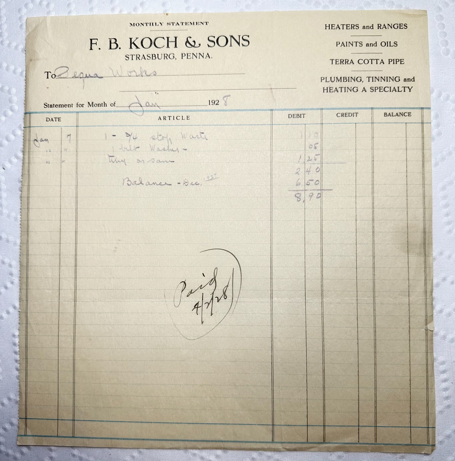 1928 F B Koch & Sons HEATERS RANGES PAINTS OILS PLUMBING Strasburg PA K152