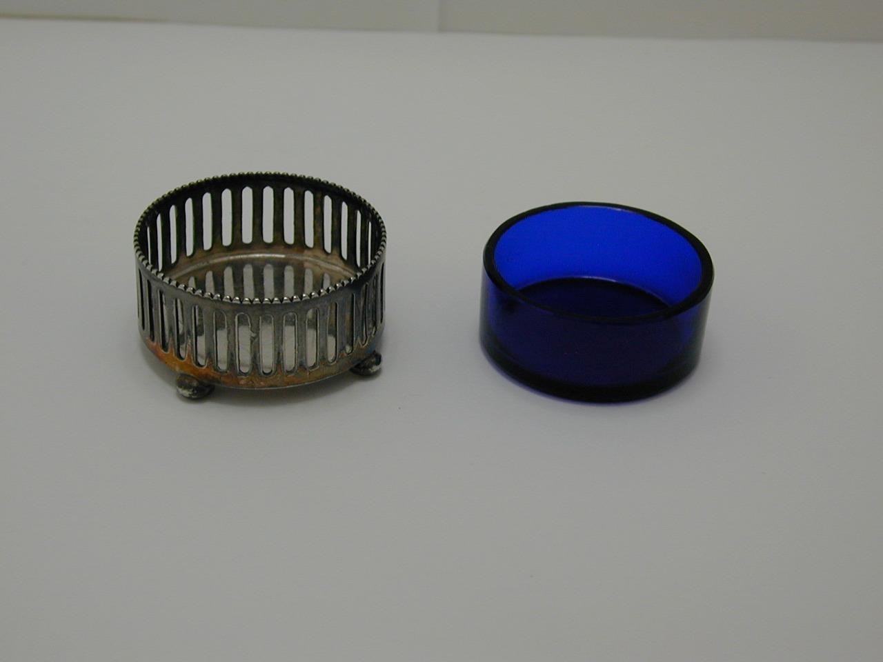 Antique Pairpoint Silverplate Pierced Open Salt Dip Cellar Cobalt Glass Insert
