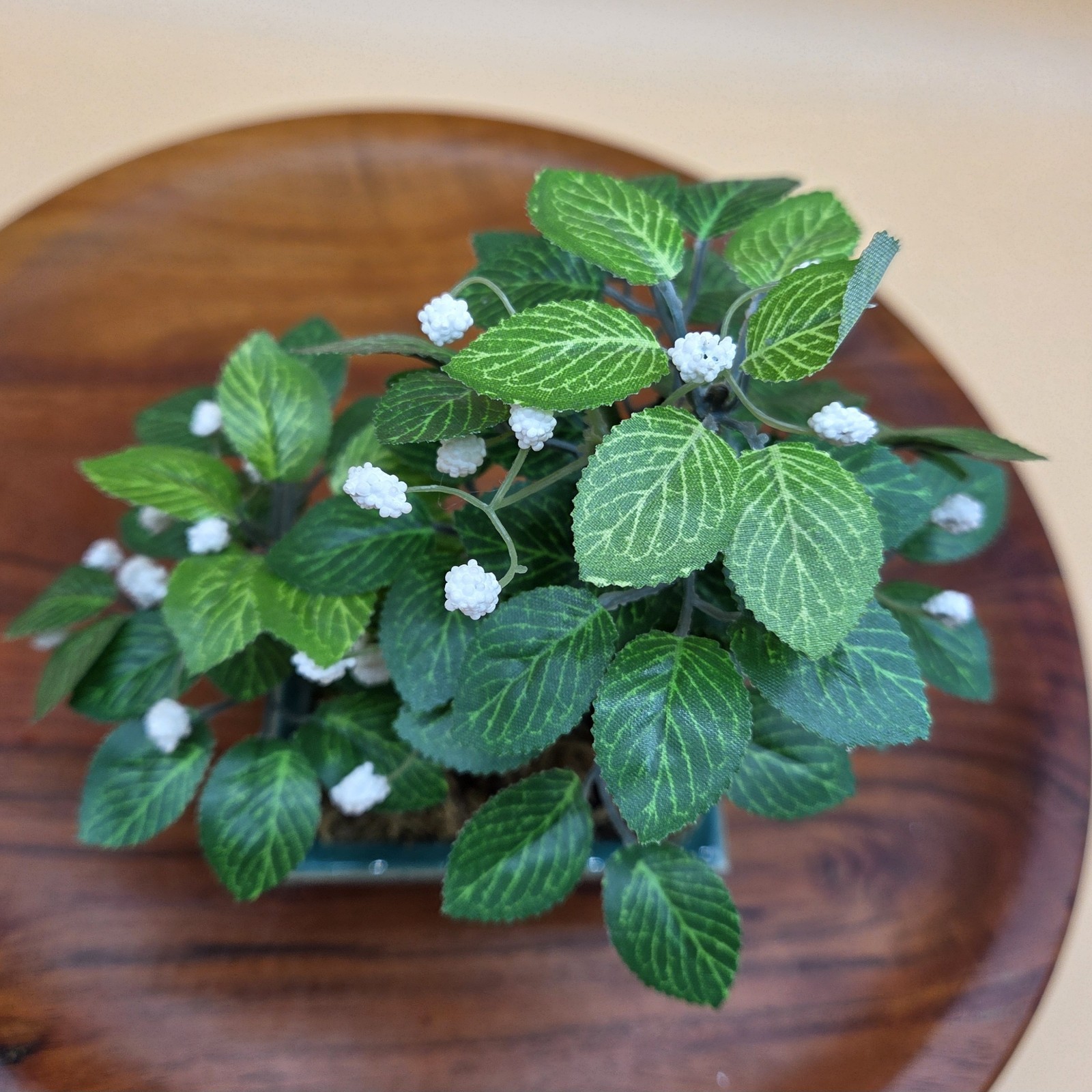 Vtg Artificial Flowering Tree Miniature Bonsai In Green Pot With Rock Decoration