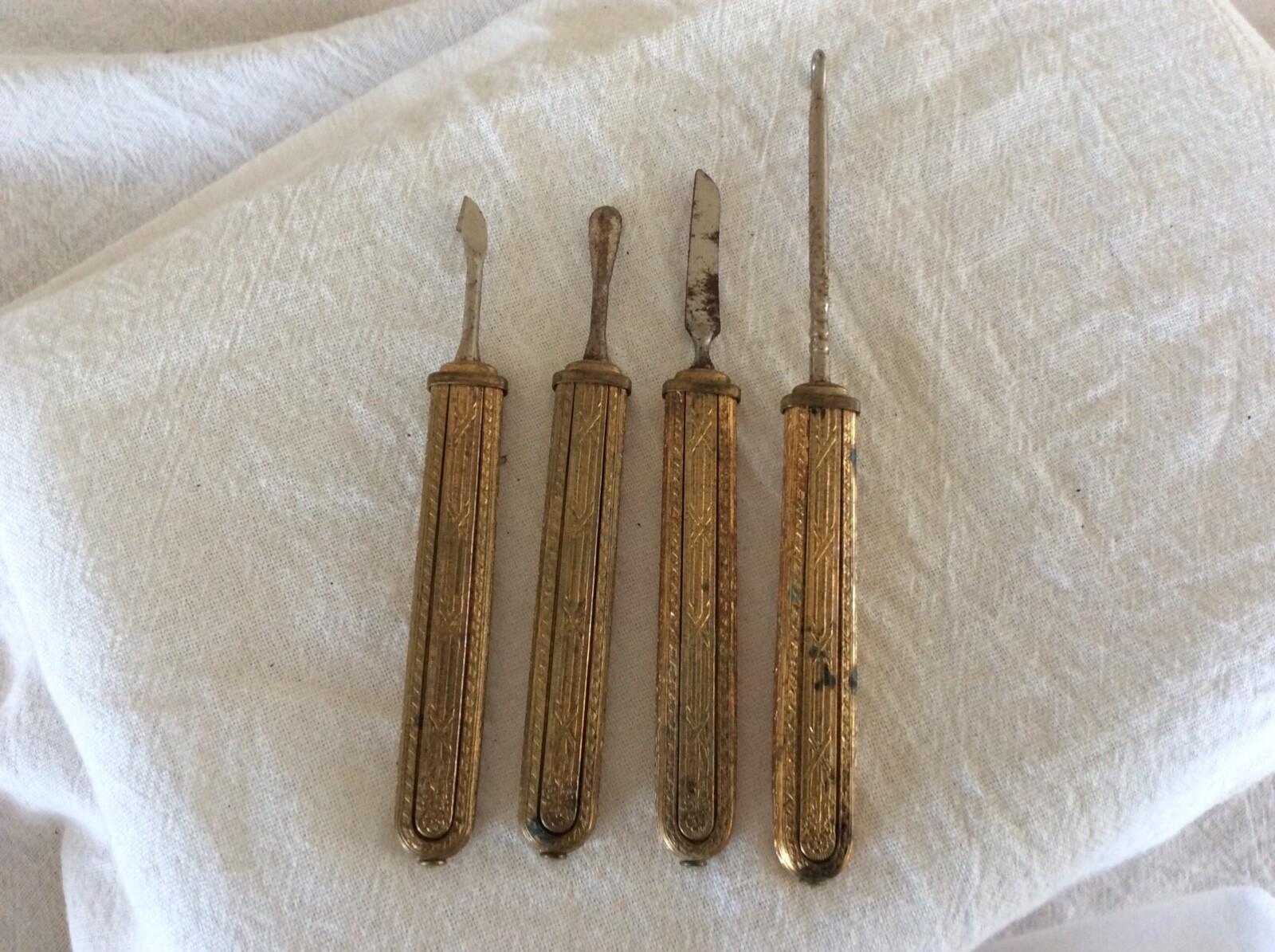 Antique Set Of Four Cuticle Tools Includes Shoe Button Hook Vanity Ornate Handle