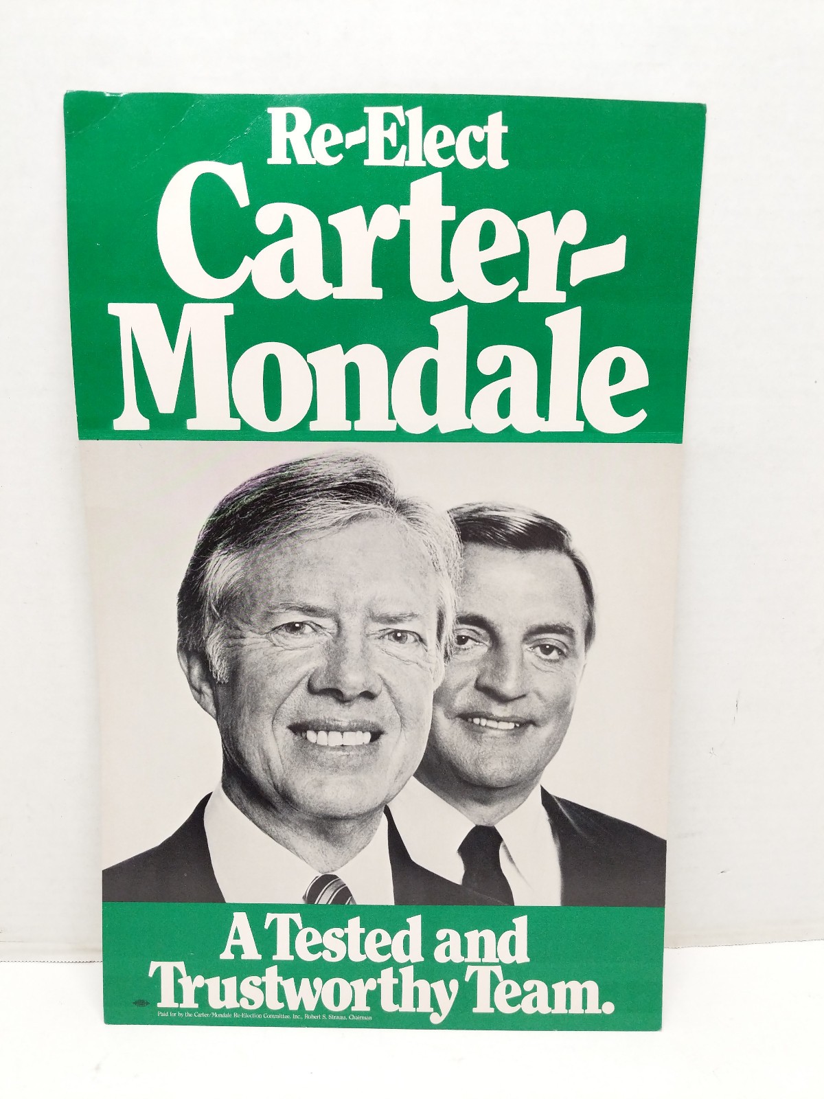 Jimmy Carter And Mondale Re-elect Poster Sign 1980 12×19 Cardboard Original