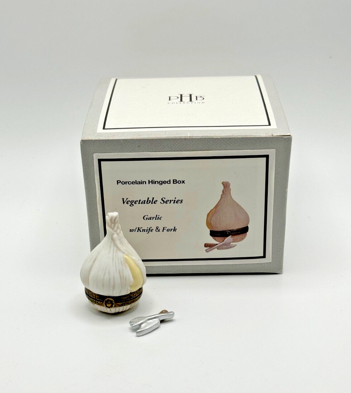 PHB Porcelain Hinged Box Garlic With Knife Fork Trinket Midwest 34559 ~ New