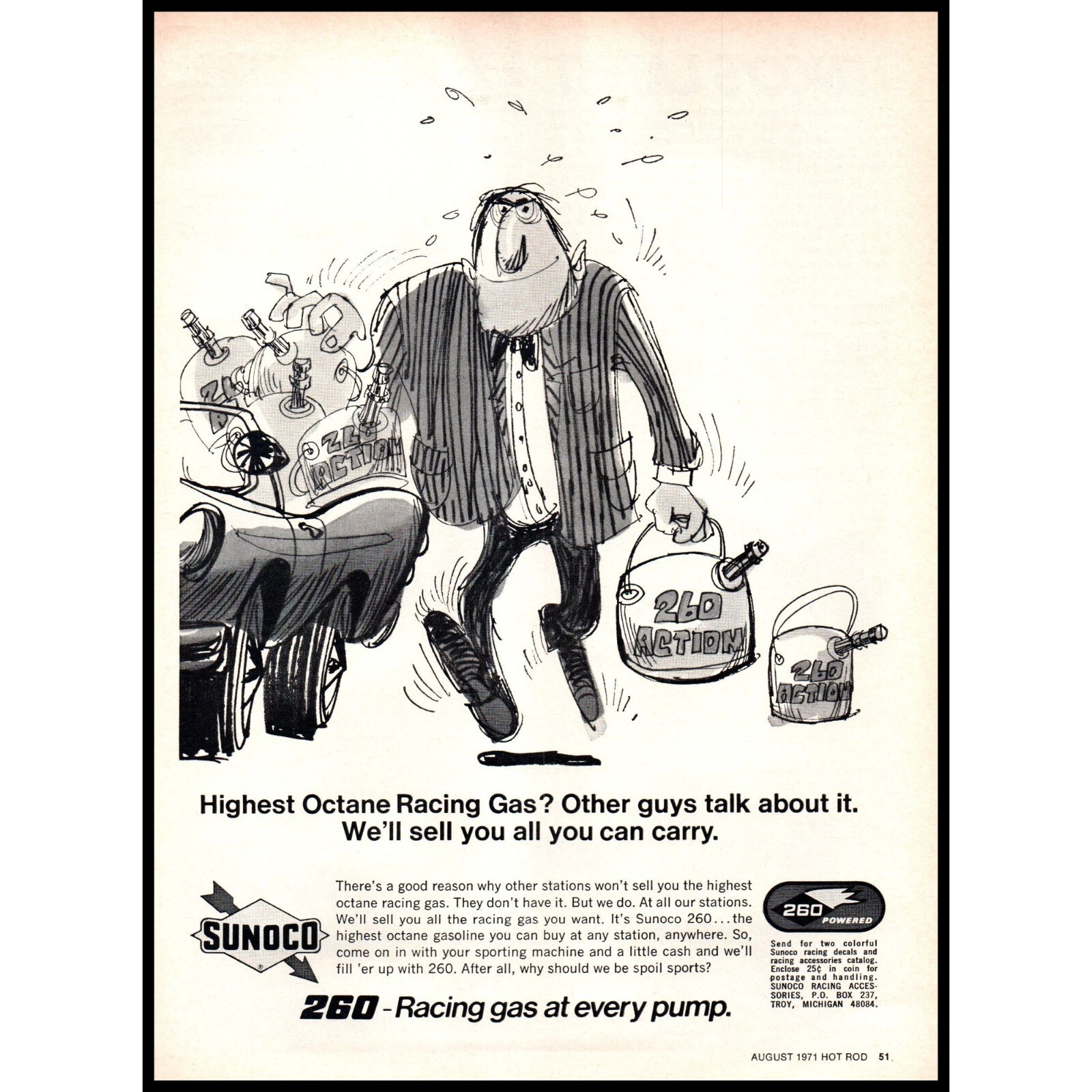 1971 Sunoco Gasoline 260 Racing Gas Vintage Print Ad Salesman Cartoon Wall Art