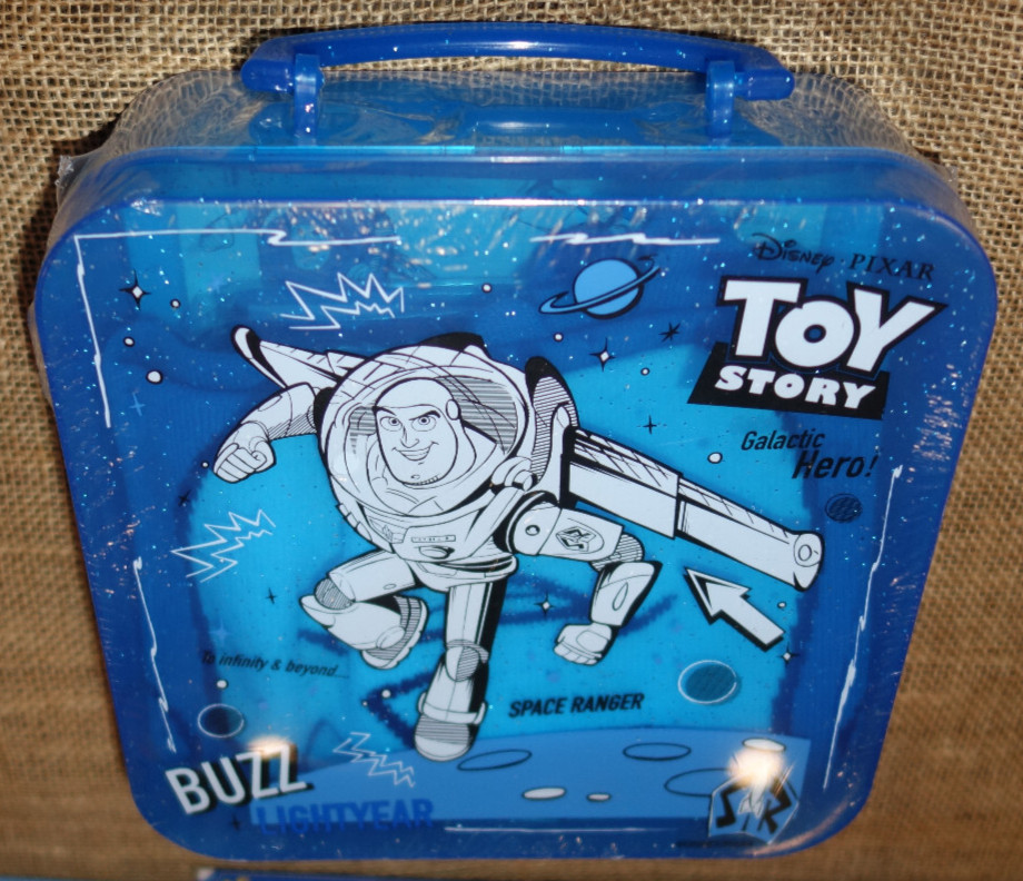 Disney TOY STORY Buzz Lightyear Vintage Lunch Box Clear Blue Plastic Glitter NEW