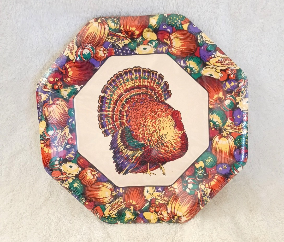Autumn Turkey Thanksgiving Paper Plates 10″ Dinner Pack of 8 From 1990s Amscan
