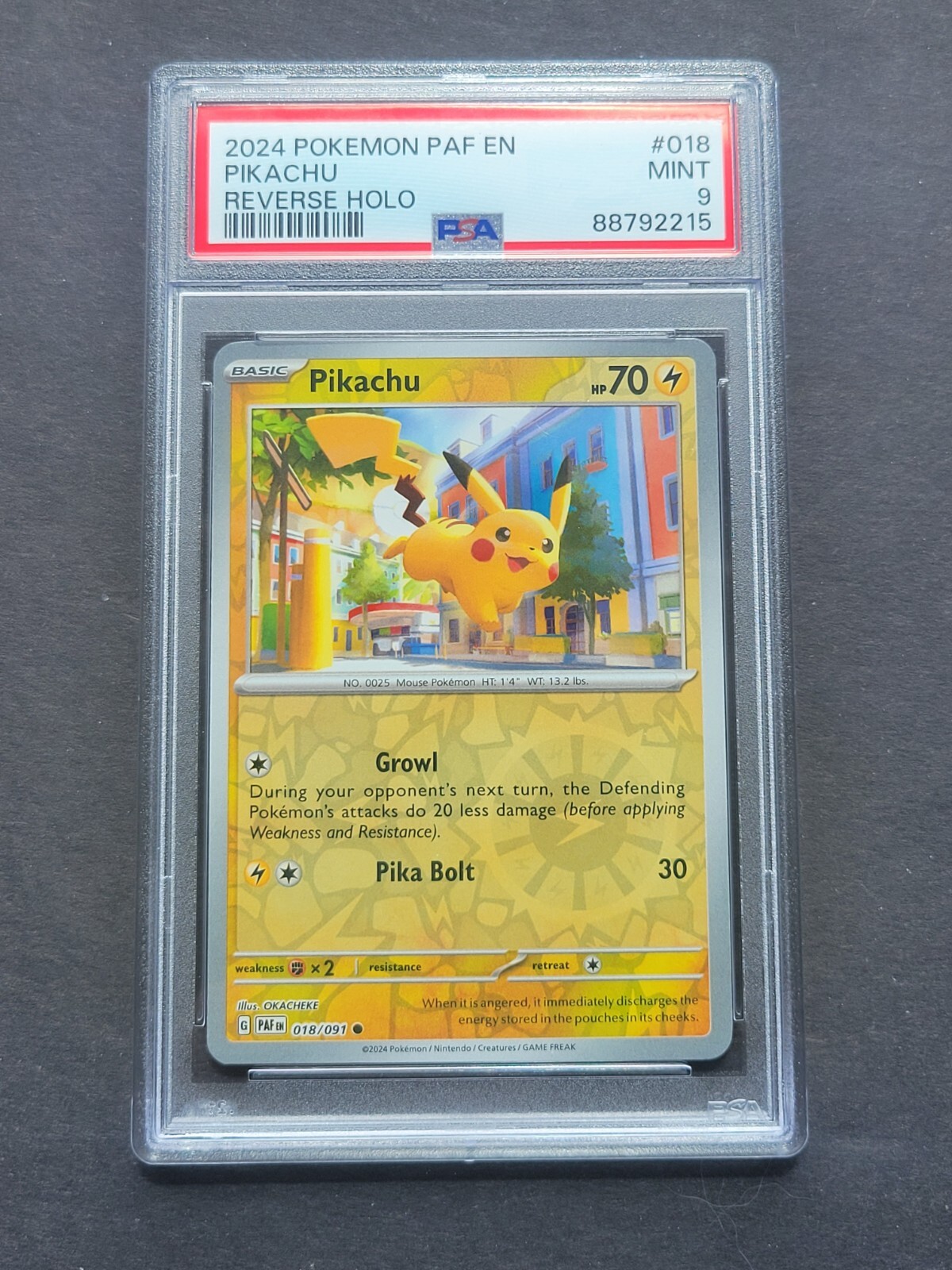 PSA 9 PIKACHU 018/091 – SCARLET & VIOLET PALDEAN FATES REVERSE HOLO – MINT