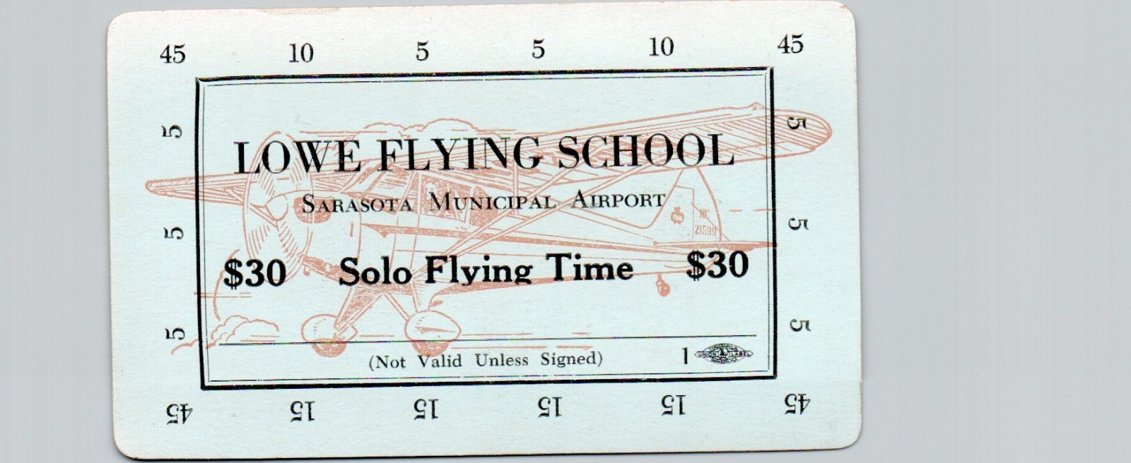 1940s FLYING SCHOOL ADVERTISING TRADE CARD SARASOTA FL AIRPLANE PILOT LOWE WW2